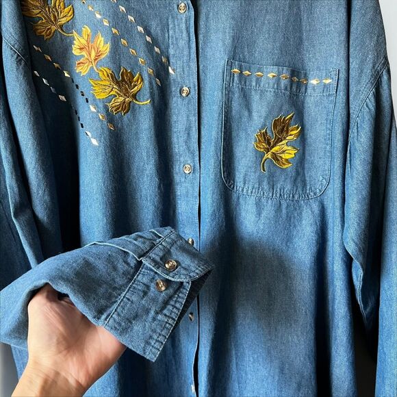 Vintage Embroidered Fall Leaf Blue Denim Button Down Long Sleeve Womens Size XXL - Picture 7 of 13